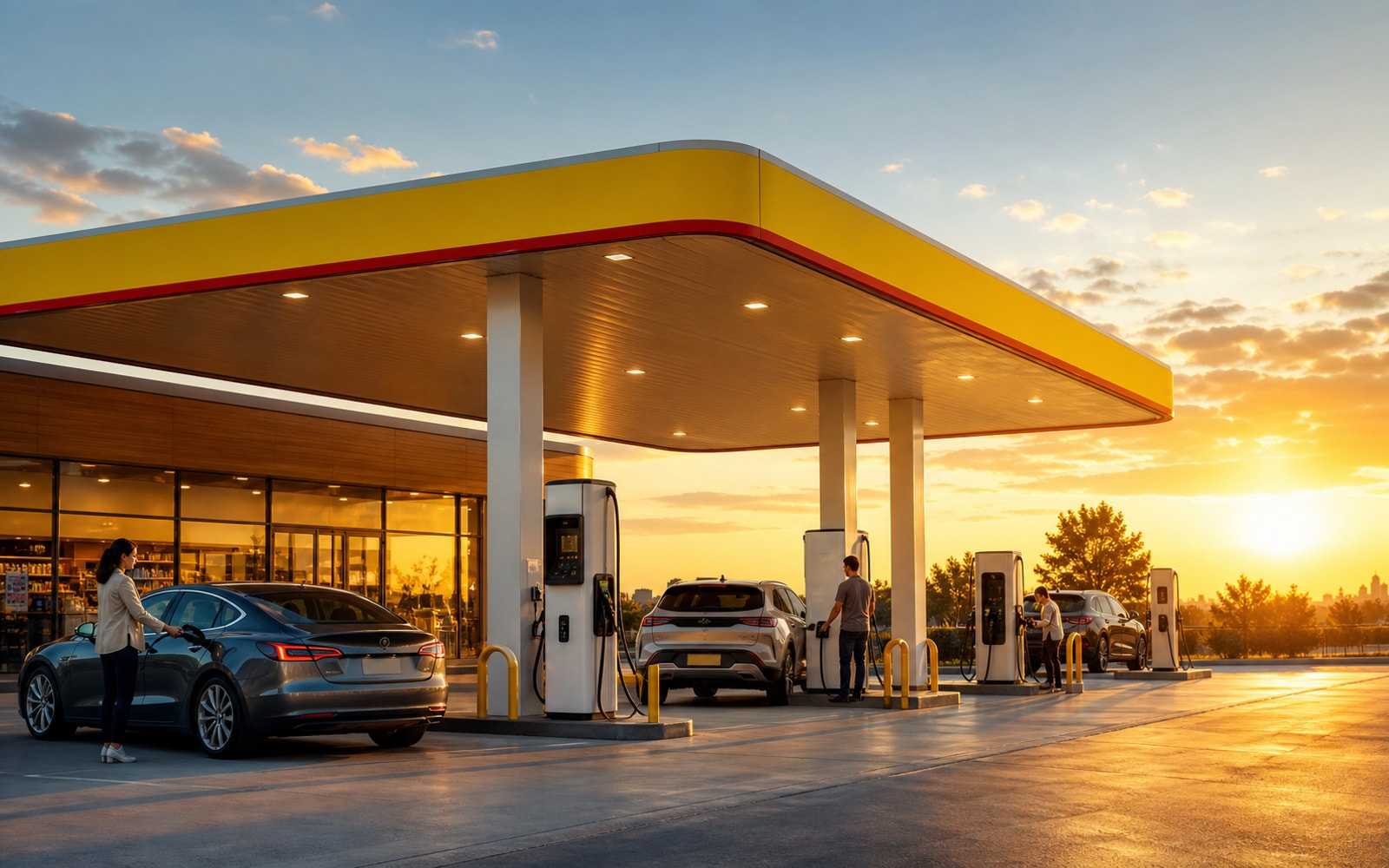 Modern energy service station at dusk with yellow and red canopy lighting, fuel pumps, and electric charging bays.