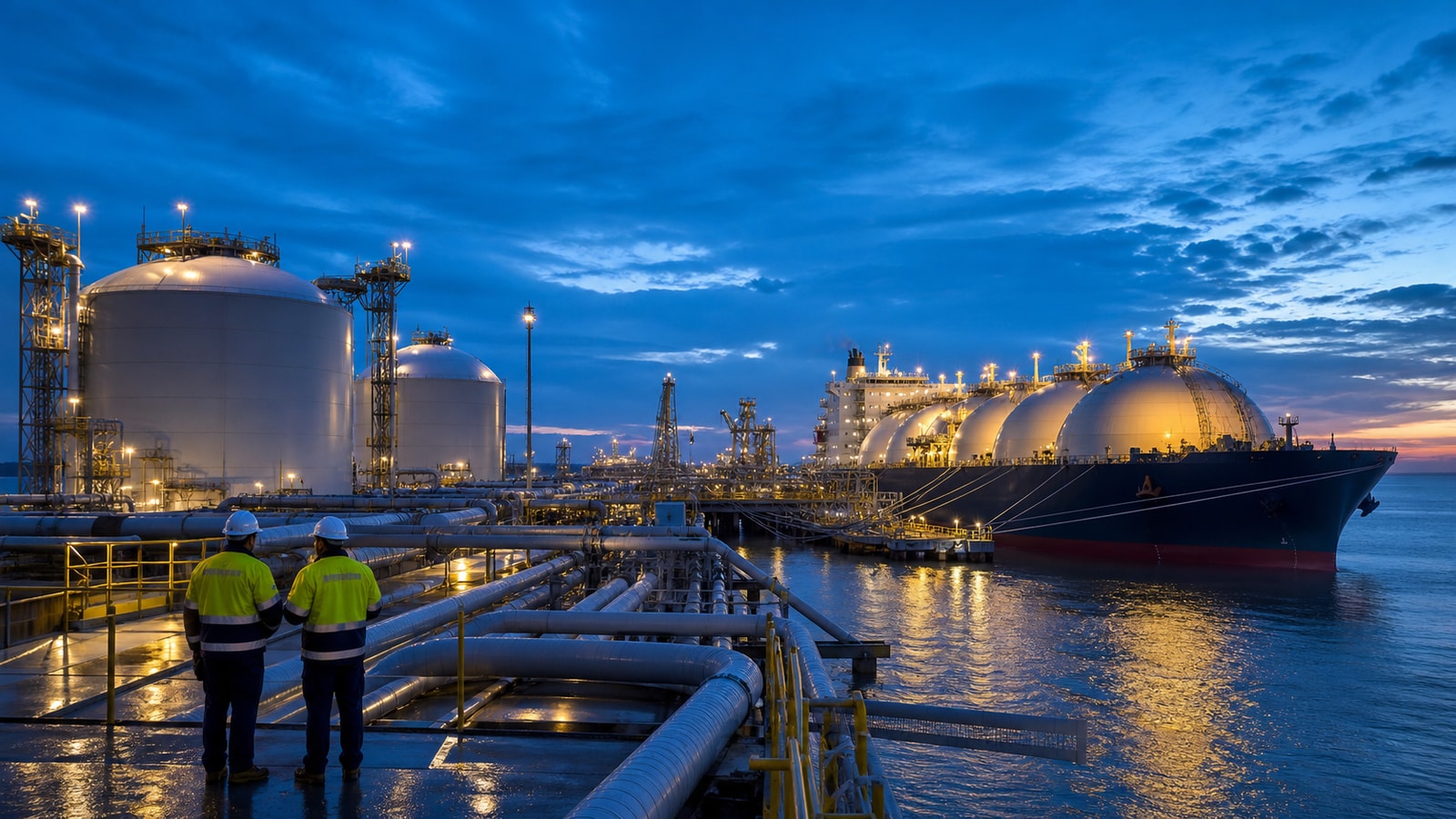 Large LNG terminal at blue hour with storage tanks, pipework, and a carrier offshore.