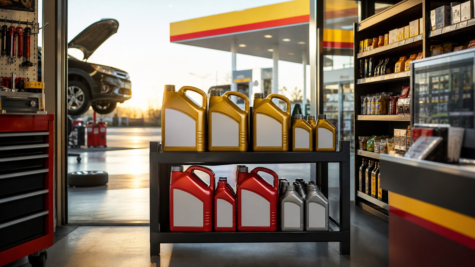 Energy retail service area with fuel pumps, convenience store, and packaged lubricant shelves.