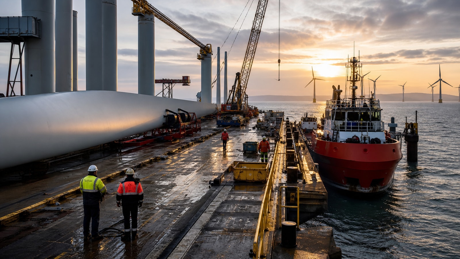 Offshore wind maintenance port with turbine components, service vessels, and technicians.
