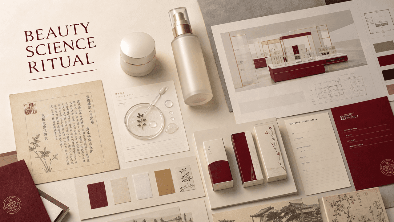 Premium editorial still-life of a Shiseido beauty-science ritual case with skincare jar, serum bottle, apothecary-history card, beauty-counter layout sheet, formulation lab card, color swatches, packaging study, consultation card, and red source-reference card