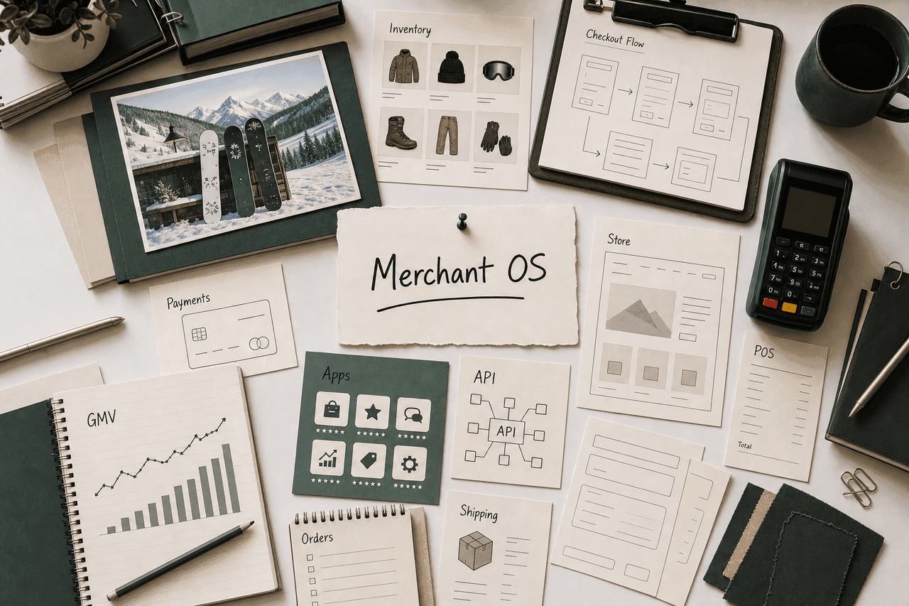 Premium editorial still-life of a Shopify merchant operating-system case with generic snowboard-store origin card, inventory sheets, payment terminal silhouette, checkout flow, POS receipt, app cards, API diagram, GMV ledger, order list, and blank shipping forms