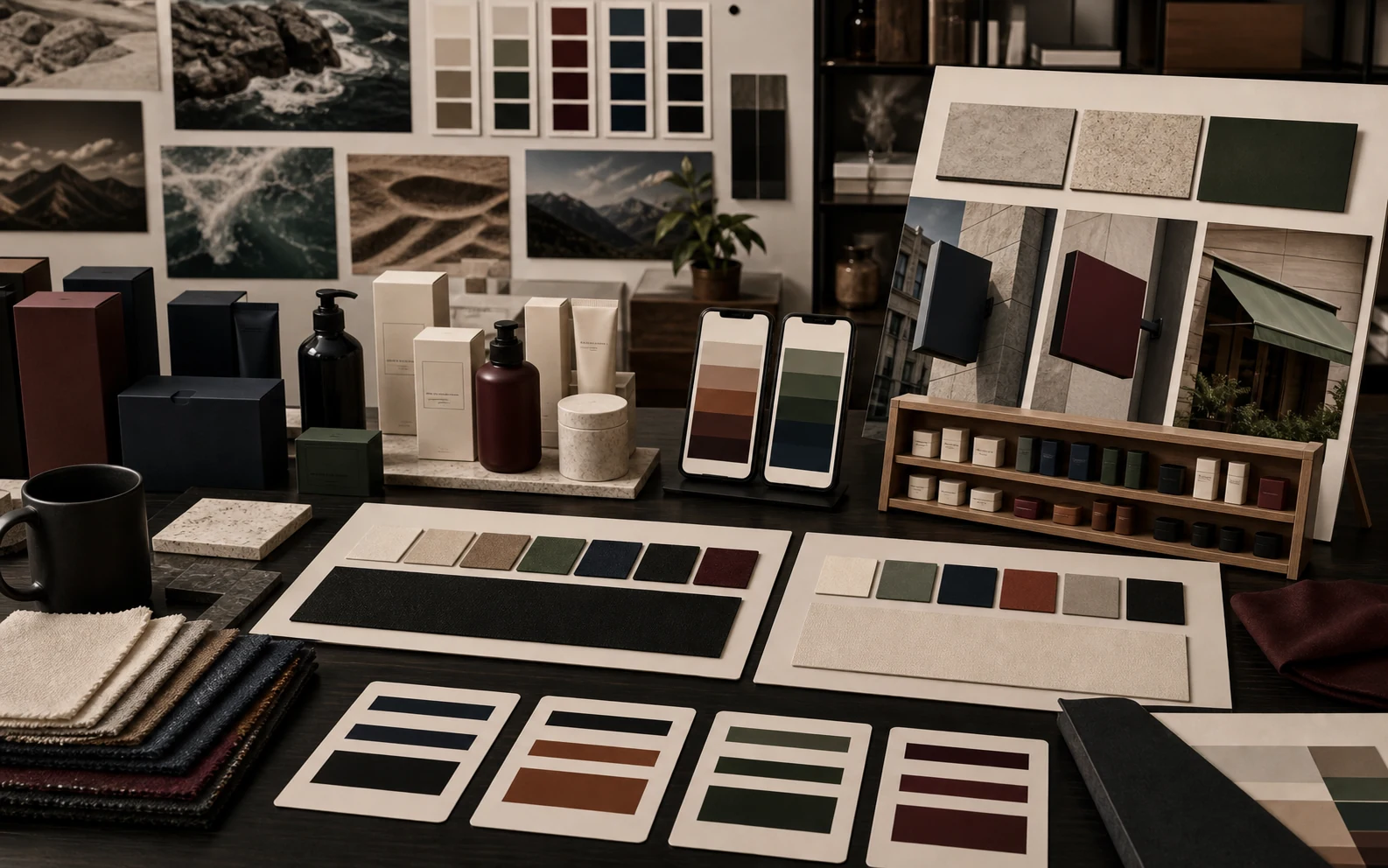 Brand color change decision visual with packages, material samples, contrast cards, shelf tests, phone color blocks, and sign samples.
