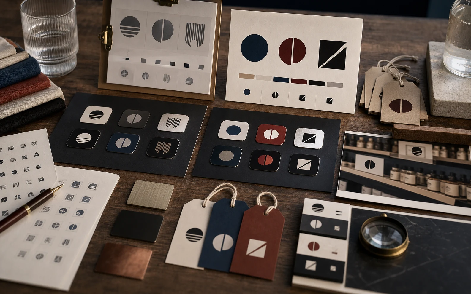 Logo change decision visual with abstract mark systems tested on cards, app tiles, product tags, and shelf surfaces.