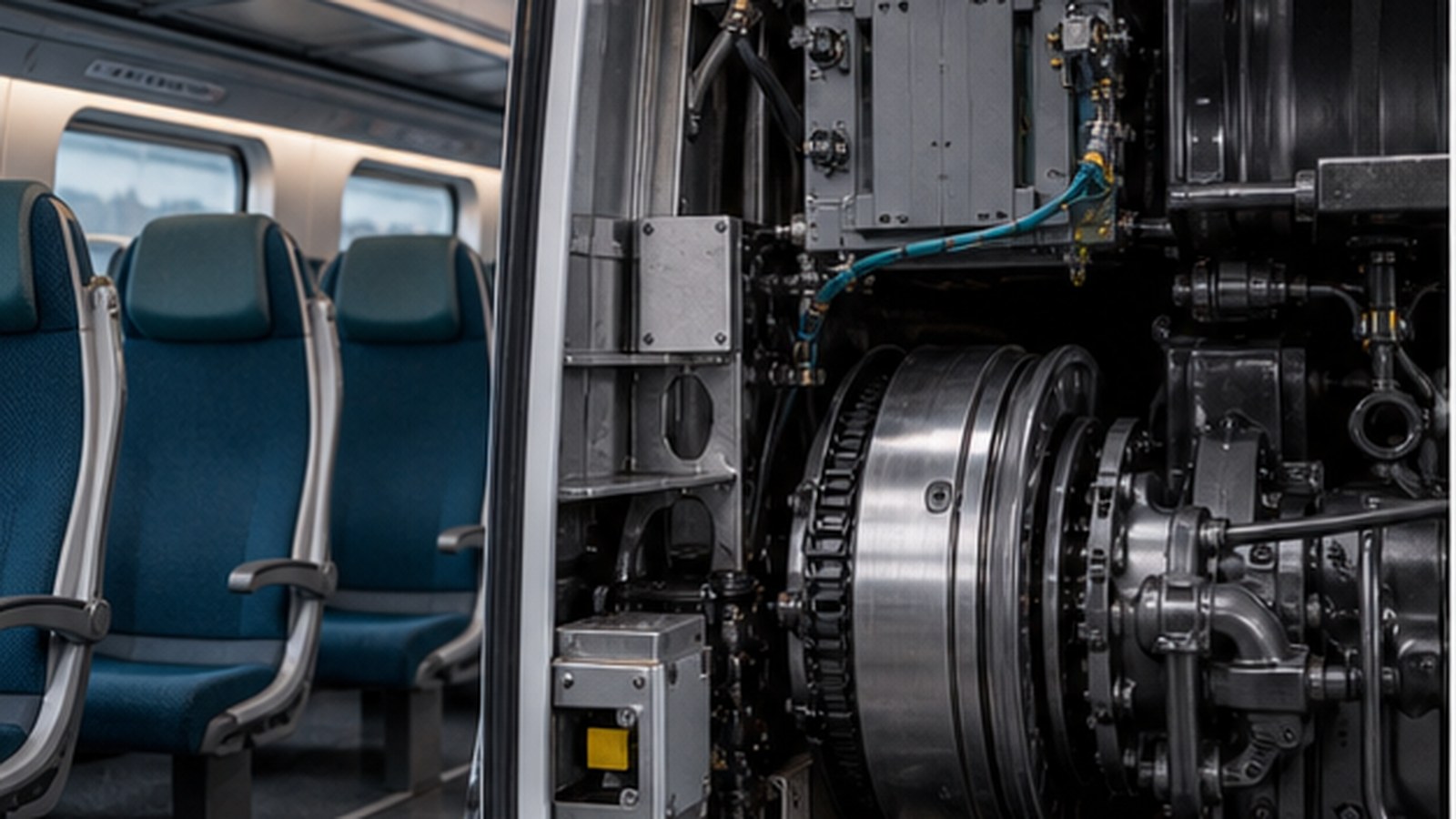 Precision rail equipment and mechanical systems inside a modern train.