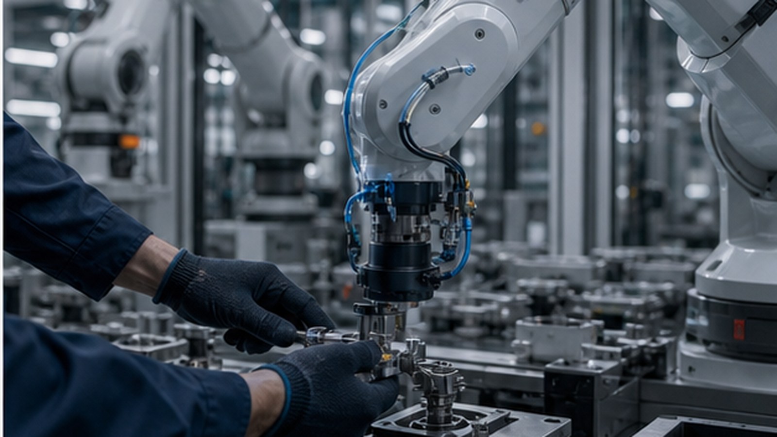 Robotic production equipment inside a modern industrial factory.