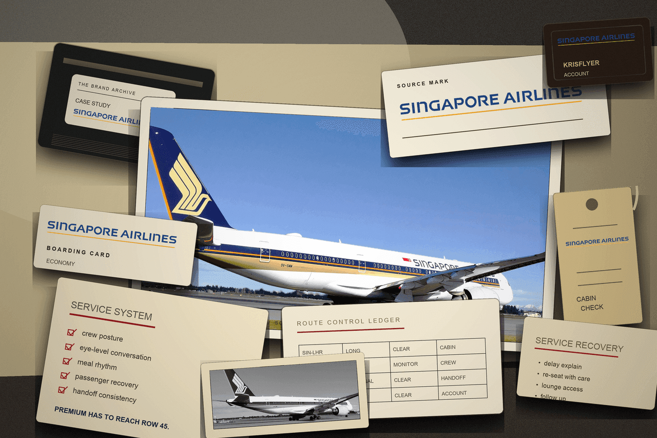 Premium editorial still-life for the Singapore Airlines case, built around a real Singapore Airlines Airbus A350-900 photograph with real Singapore Airlines logo marks, boarding card, service system sheet, route ledger, KrisFlyer card, and cabin tag