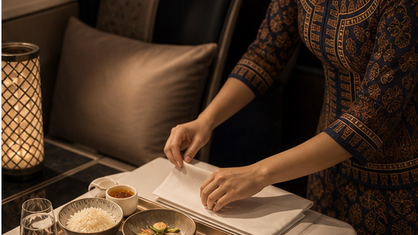 Cabin crew preparing a premium long-haul meal service before passengers board.