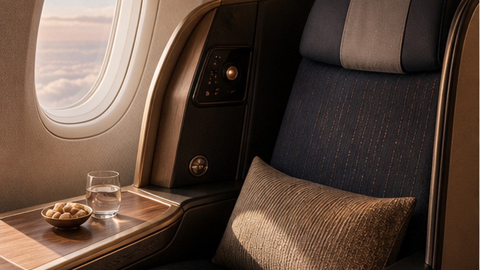 Premium long-haul aircraft seat beside a large cabin window.