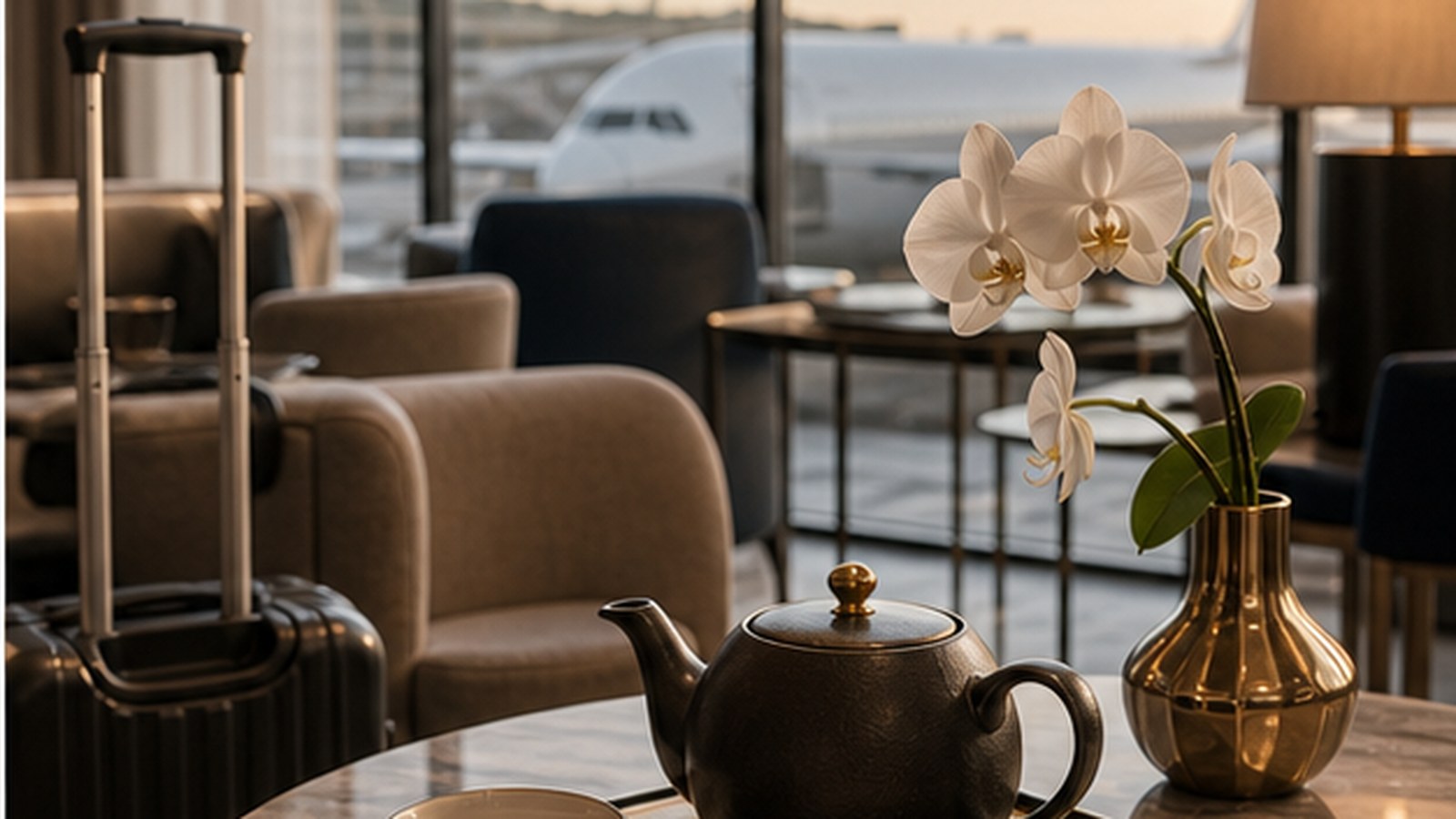 Premium airport lounge with attentive table service and a calm long-haul departure atmosphere.