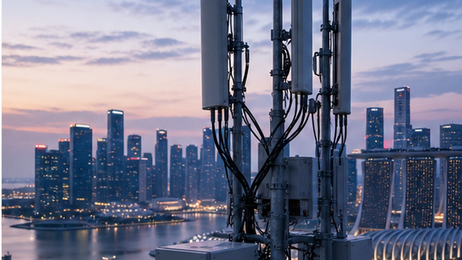 A telecommunications antenna serving a dense city skyline.