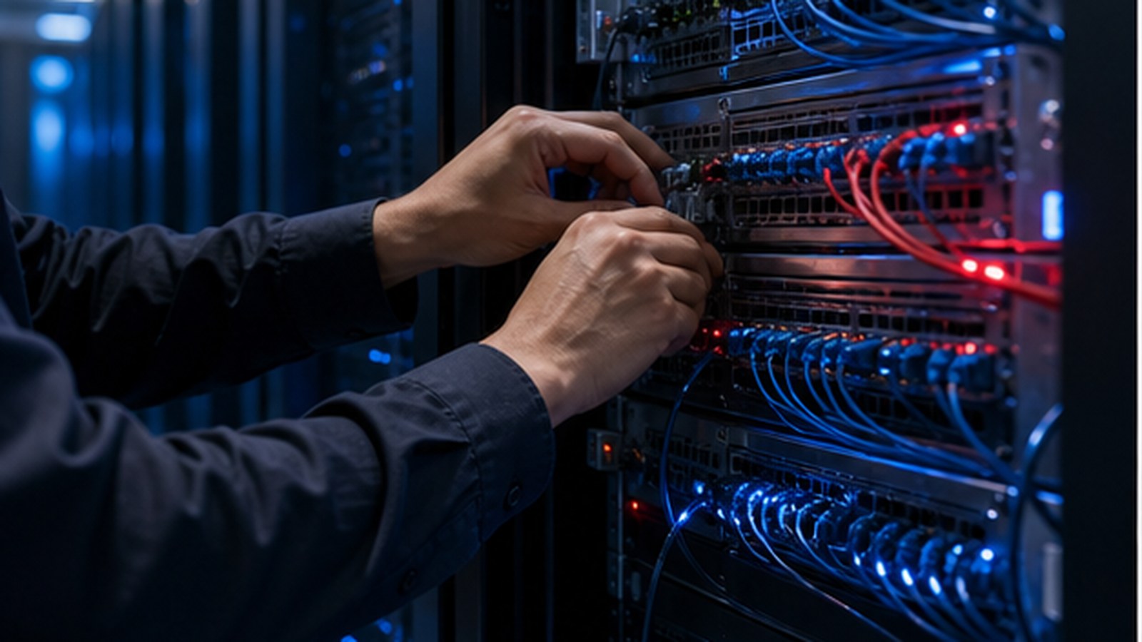 A technician connects fiber cables inside a server room.