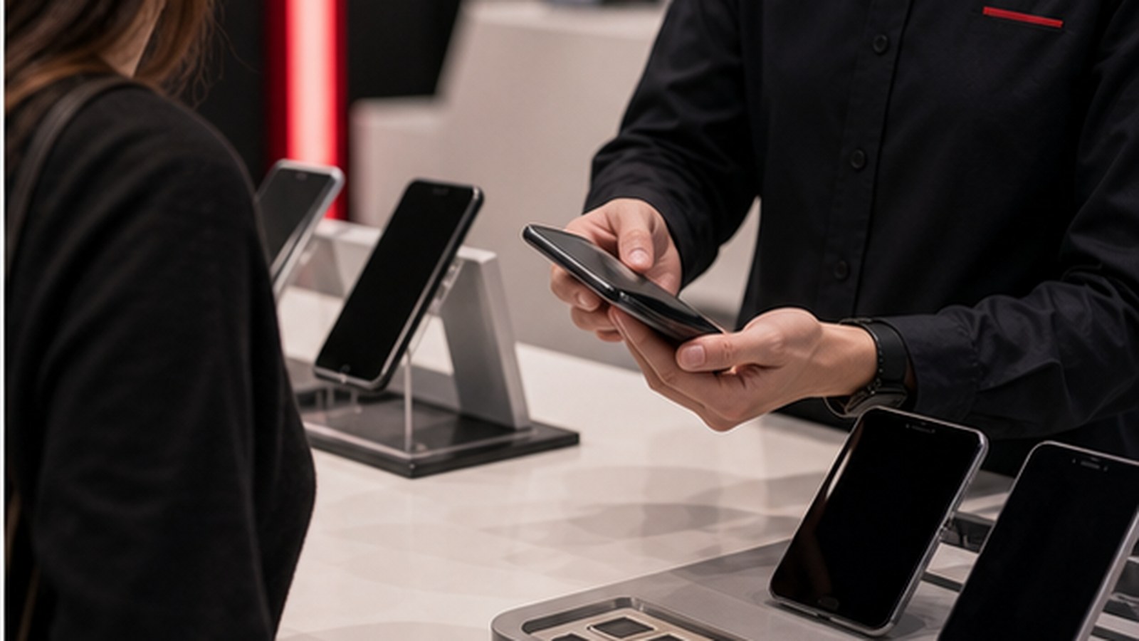 A retail advisor helps a customer compare mobile devices.