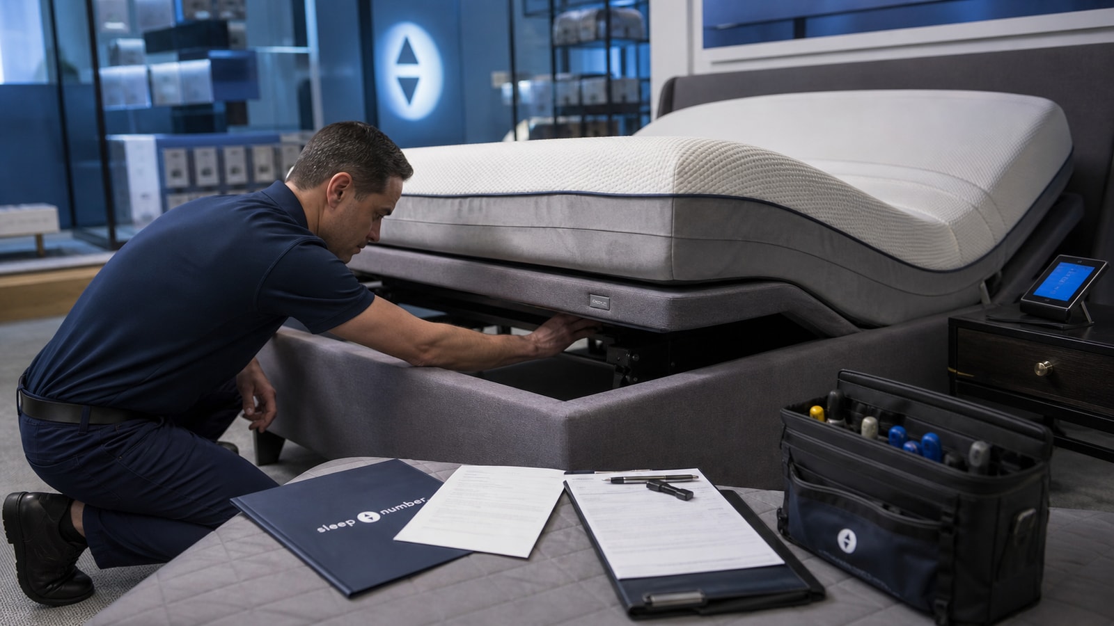 A Sleep Number app tablet beside a smart bed service plan and warranty documents.