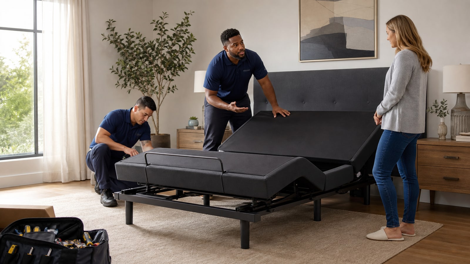 Two trained technicians install an adjustable smart-bed base while the customer receives an in-home setup explanation.