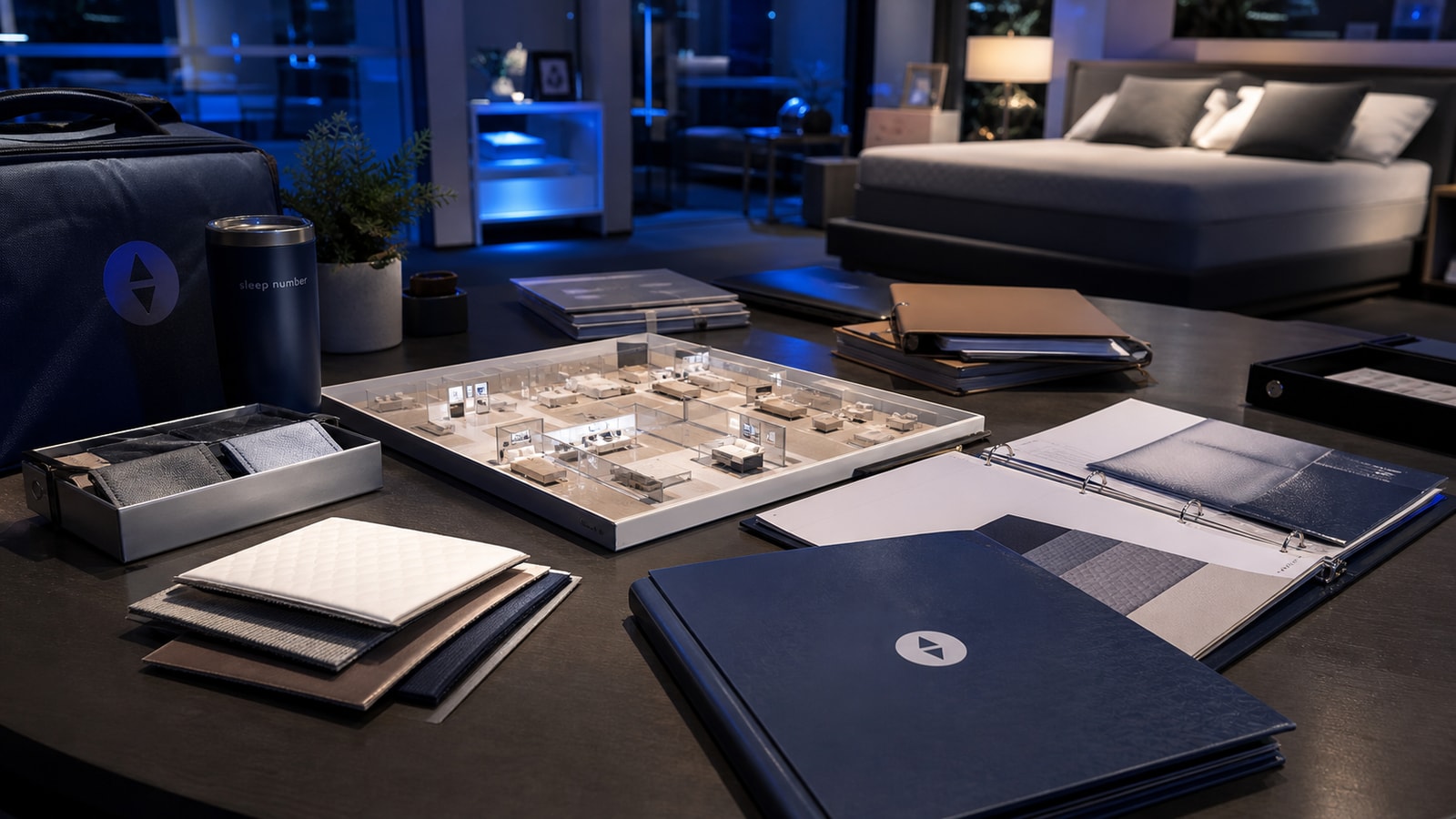 A Sleep Number sale-process room with smart-bed model, store map, and buyer diligence files.
