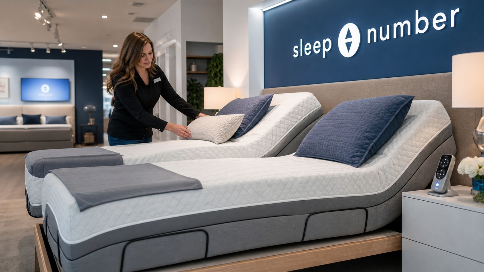 A Sleep Number retail demo bed with setting display and premium bedding.