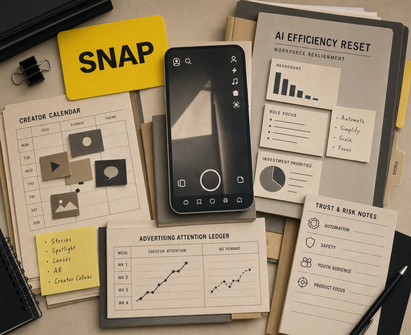 Premium editorial still-life of a Snap AI efficiency reset case with yellow Snap source-mark card, central abstract smartphone camera-social interface, creator calendar, advertising attention ledger, AI efficiency reset folder, role-focus cards, and trust-risk notes for automation, safety, youth audience, and product focus