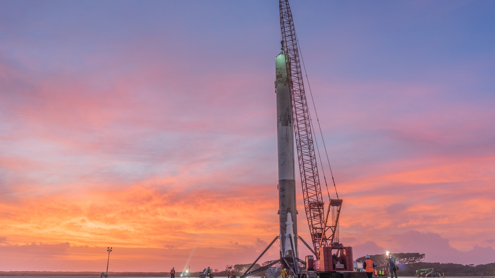 Falcon 9 first stage standing on Landing Zone 1 after recovery.