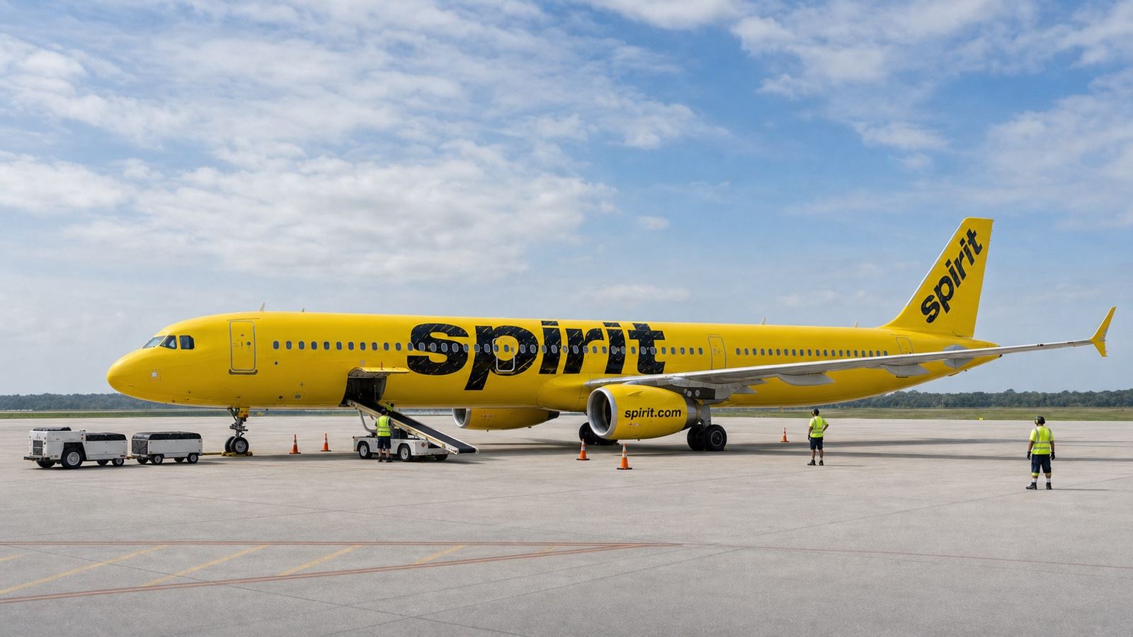 A Spirit-branded yellow Airbus A321 during a controlled gate turnaround with three ramp workers, a belt loader, and baggage carts.
