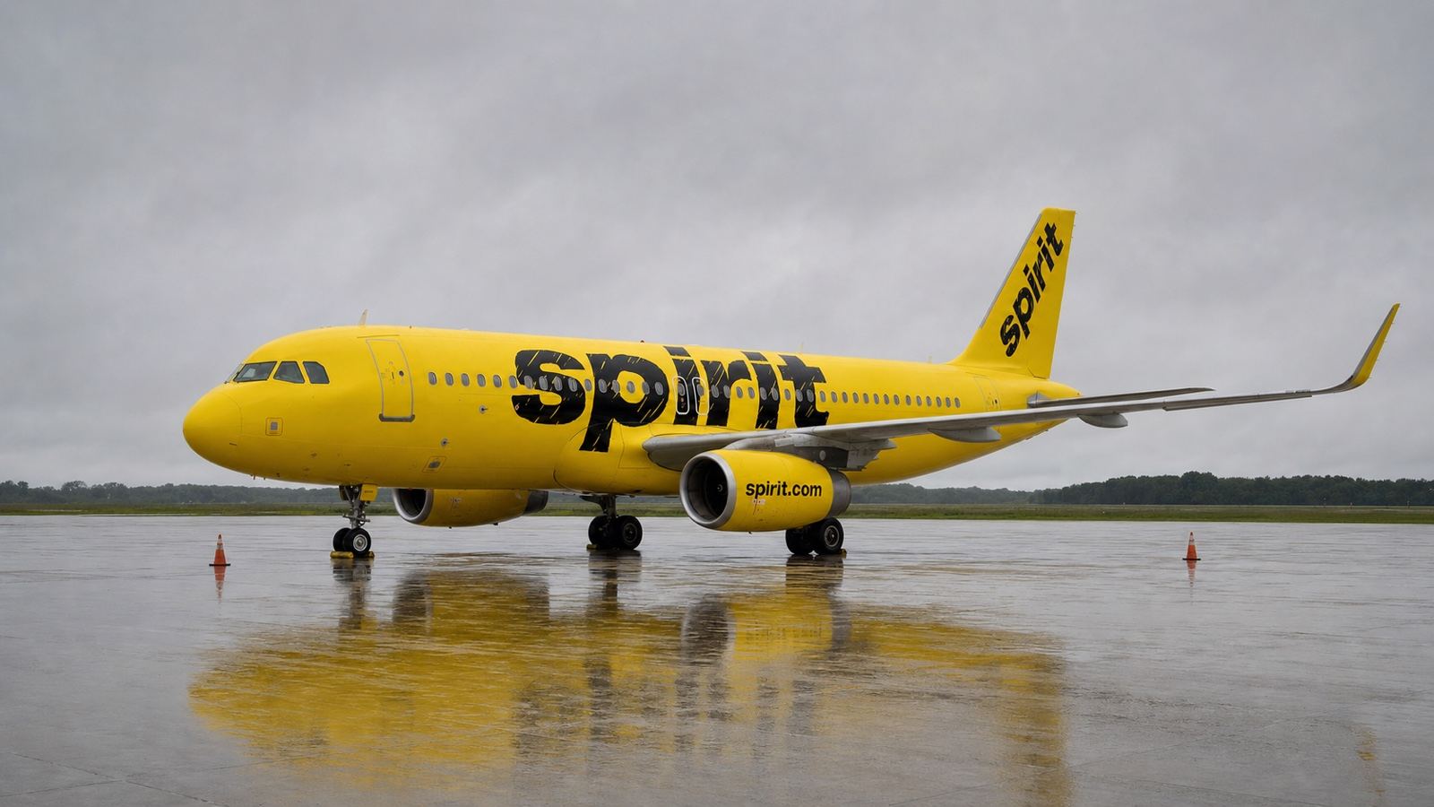 A Spirit-branded yellow Airbus A320 parked alone on a wet remote stand after flight operations ended.