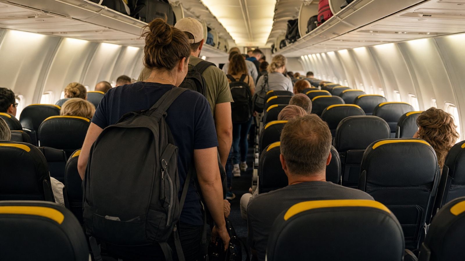A logo-free dense single-cabin aircraft interior with yellow-and-black seat cues.