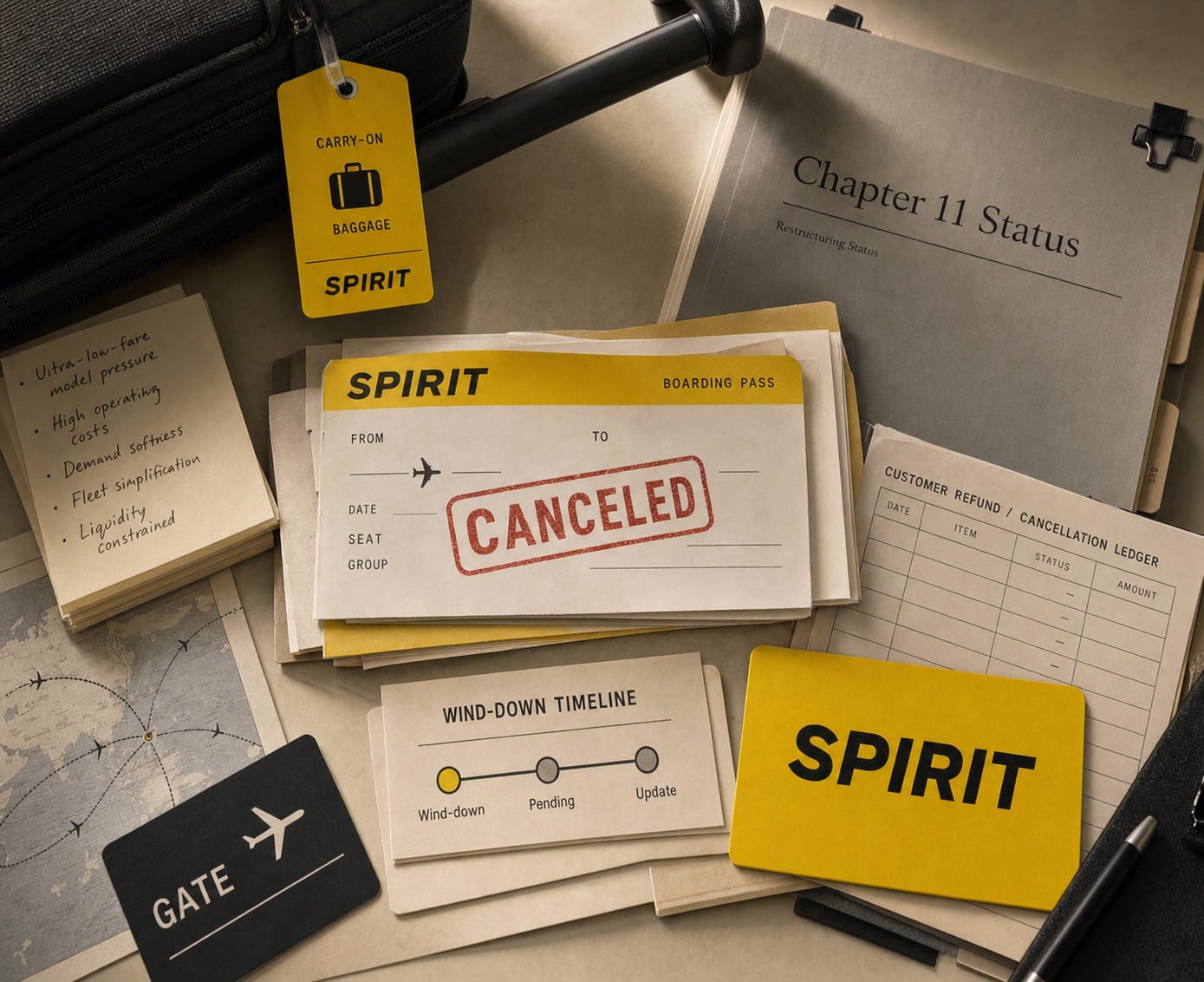 Premium editorial still-life of a Spirit Airlines wind-down case with Spirit yellow source-mark cards, cancelled boarding pass, carry-on baggage tag, route map, Chapter 11 status folder, customer refund ledger, and wind-down timeline marked pending update