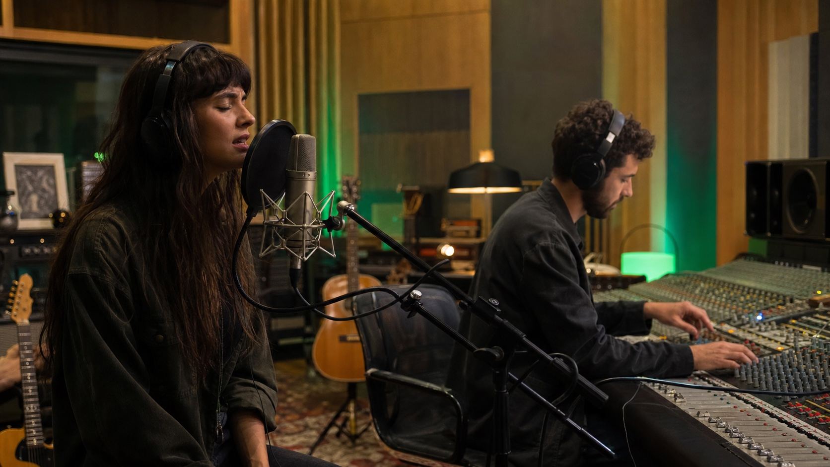 Music creator working in an intimate recording studio with acoustic treatment and green ambient light, without screens, text, or logos.