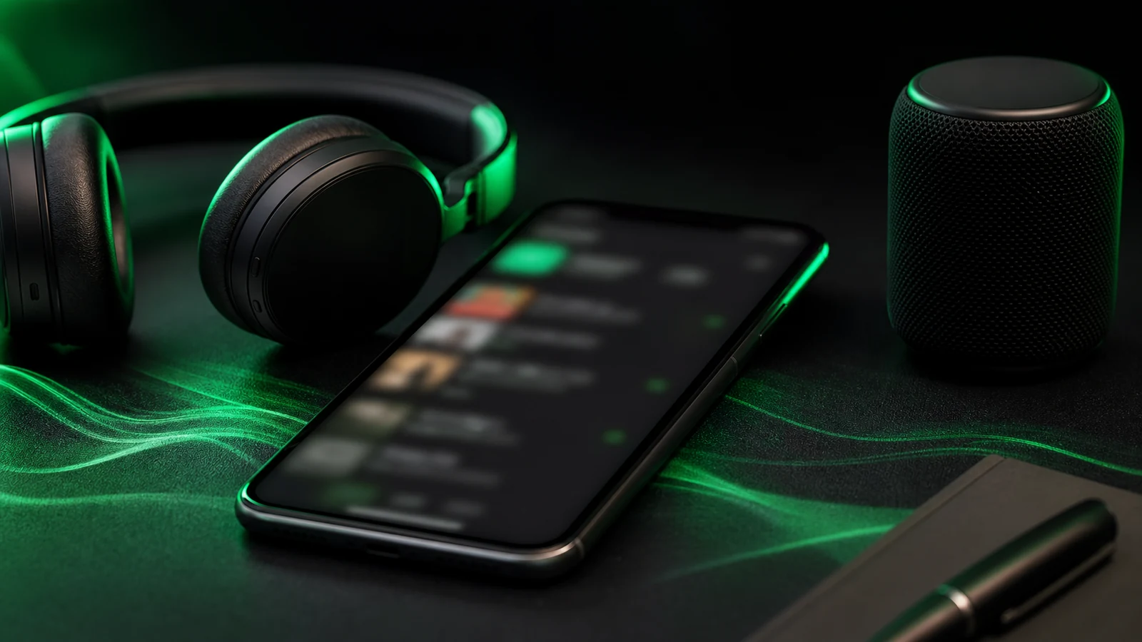 Premium Spotify-style phone, headphones, and speaker scene with abstract green audio glow and no readable text.