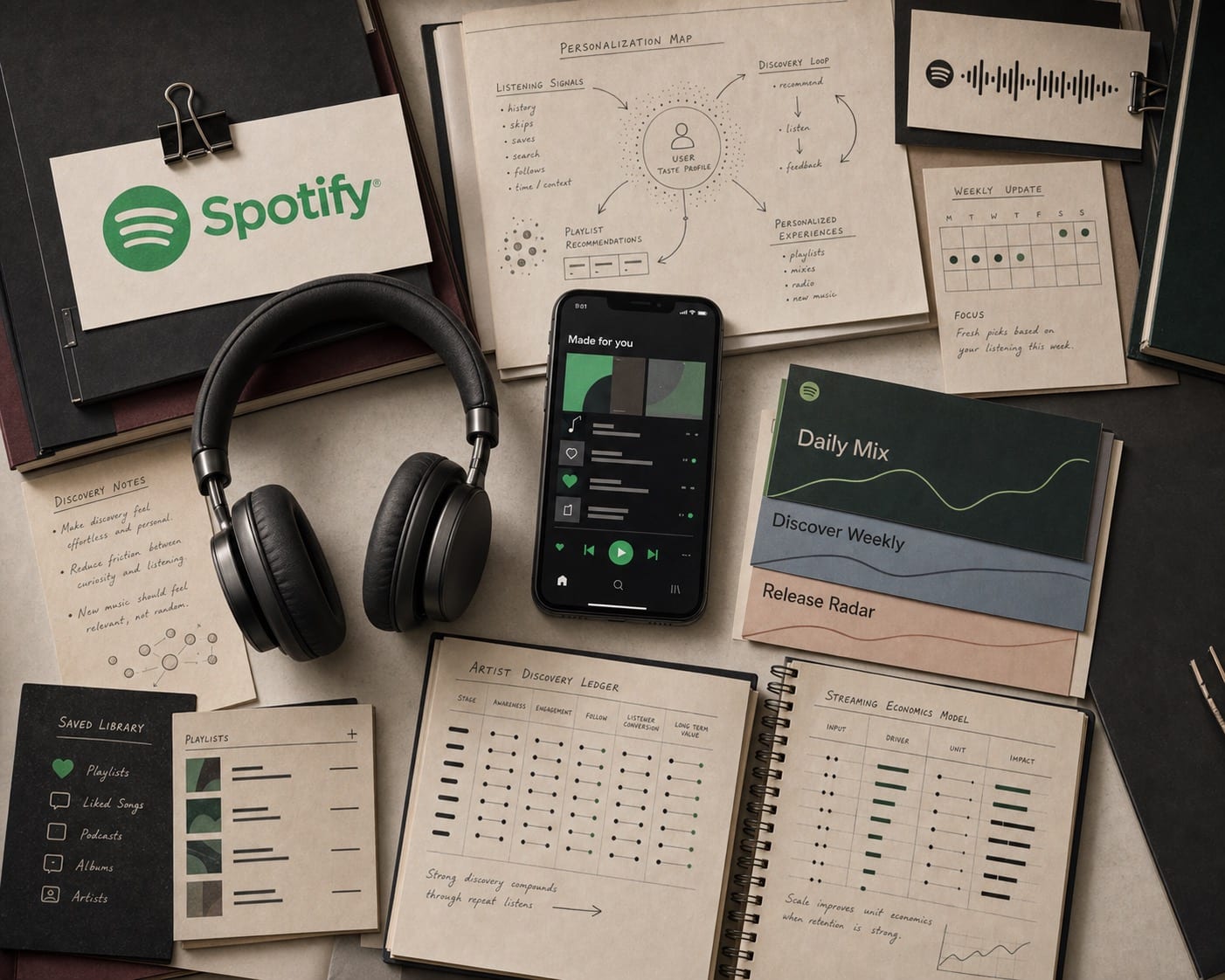 Premium editorial still-life of a Spotify playlist personalization case with a Spotify source-mark card, central smartphone audio player, headphones, playlist cards, personalization map, waveform card, weekly update calendar, artist discovery ledger, and streaming economics sheet