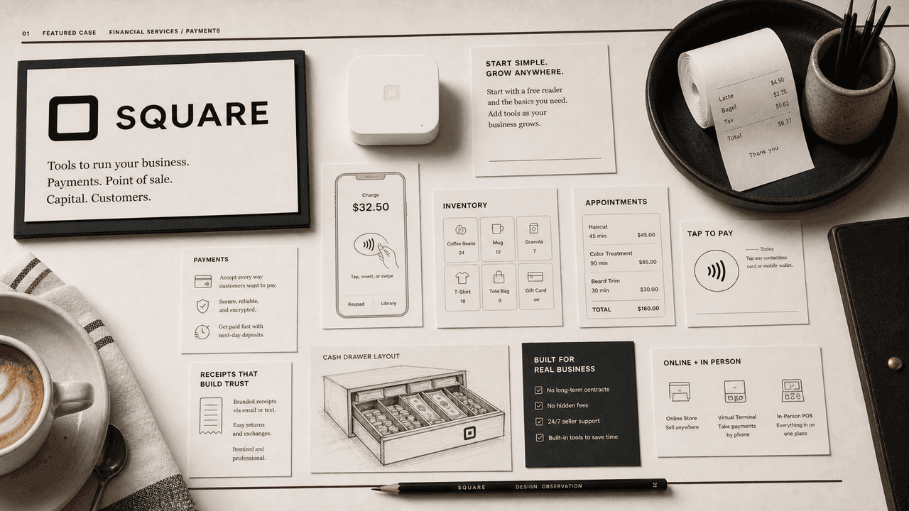 Premium editorial still-life of a Square seller payment case with source-mark card, small card reader, phone checkout wireframe, receipt roll, inventory cards, invoice card, tap-to-pay symbol, and cafe counter objects