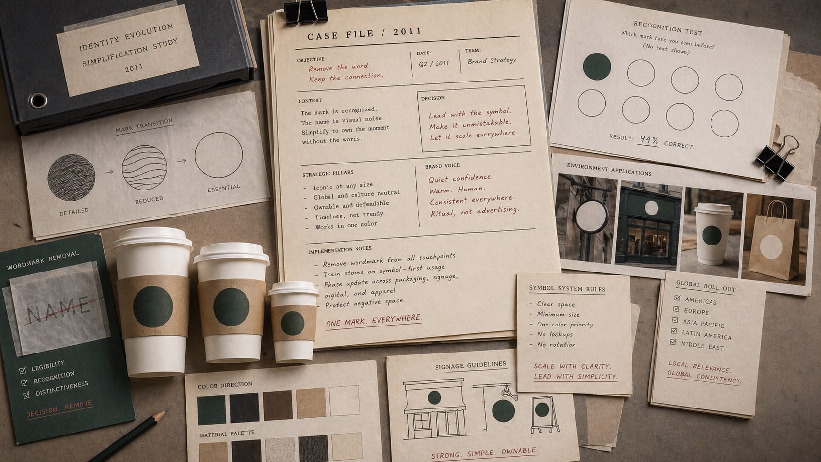 Premium editorial still-life of blank circular symbol cards, coffee cup silhouettes, and wordless recognition tests