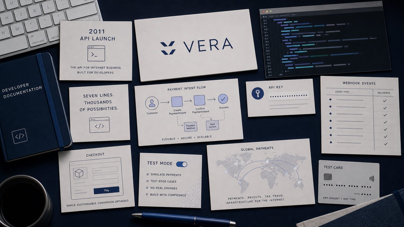 Premium editorial still-life of a Stripe developer payment infrastructure case with wordmark card, API launch card, abstract terminal printout, payment flow diagram, API key card, webhook ledger, checkout wireframe, test card sample, docs binder, and global routing map