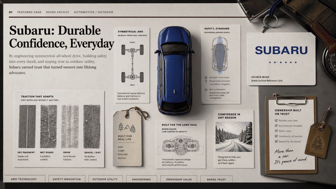 Premium editorial still-life of a Subaru all-wheel-drive safety case with source-mark card, blue vehicle model, drivetrain diagram, tire-track swatches, road map, safety sensor card, boxer engine sketch, and outdoor gear tags