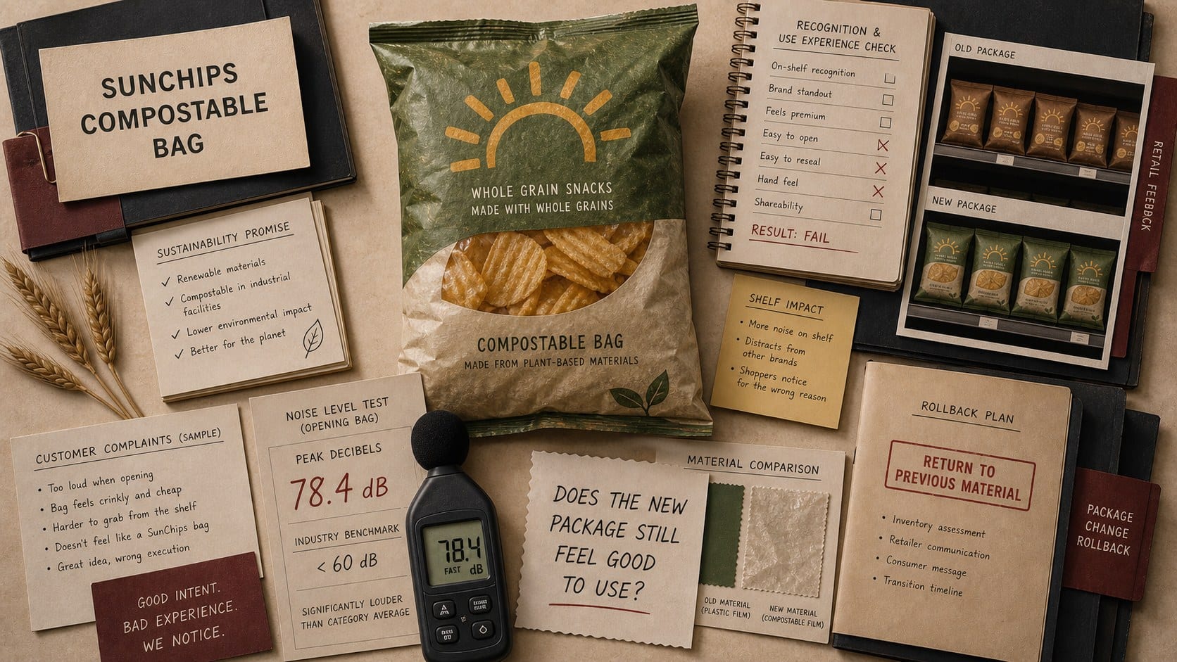 Premium editorial still-life of a SunChips compostable bag packaging case with source-mark card, chip bag silhouette, grain and sun cues, compostable material swatches, decibel meter card, customer complaint notes, sustainability promise card, and package rollback folder