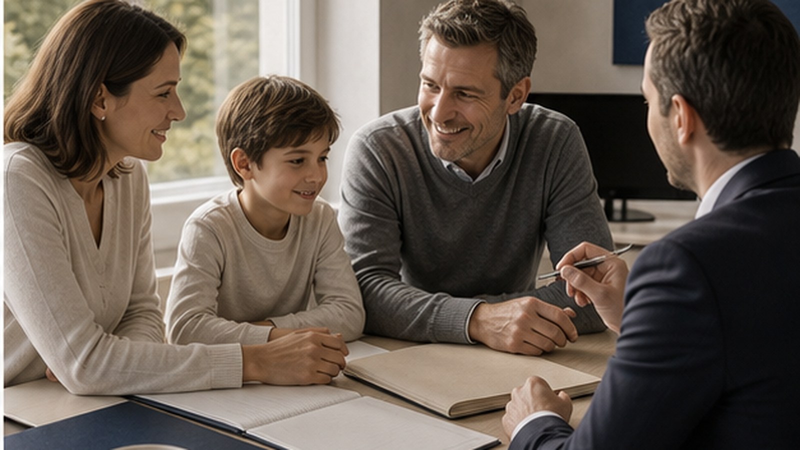 Family meeting with a financial adviser about long-term protection and retirement planning.