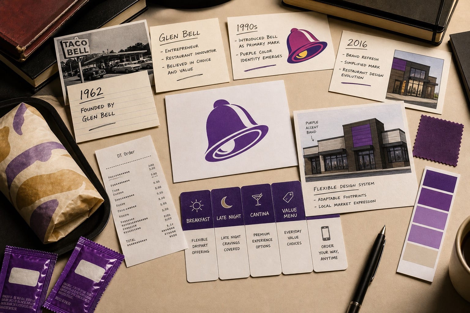 Premium editorial still-life of a Taco Bell purple bell fast food case with a bell source-mark card, taco wrapper, sauce packets, drive-through receipt, 1962 and 2016 cards, purple swatches, and restaurant design notes