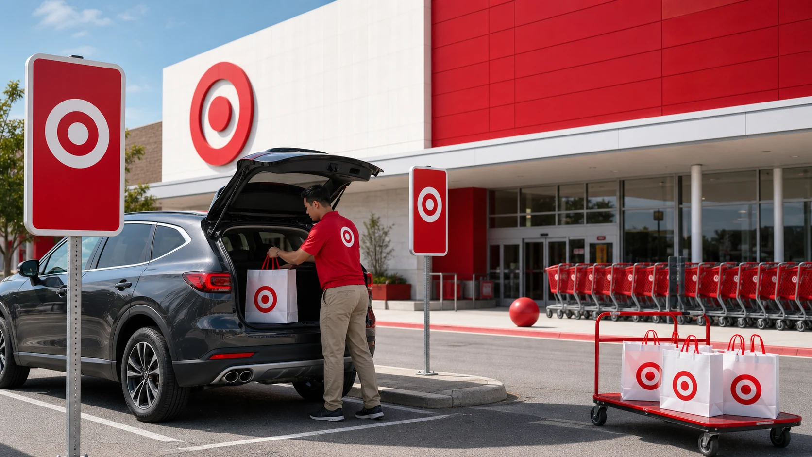 Target pickup area with red carts, storefront signage, and drive-up service behavior.