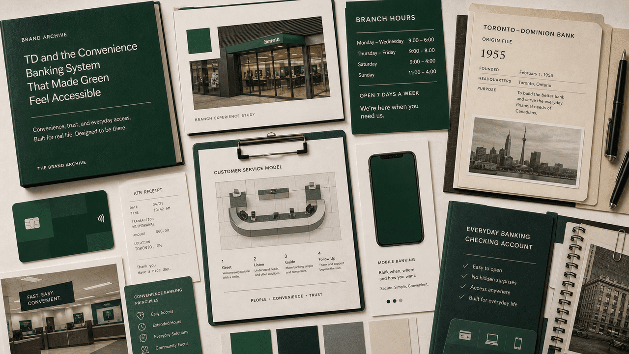 Premium editorial still-life of a TD convenience banking case with source-mark card, green bank card, branch hours sign, Toronto-Dominion 1955 origin file, ATM receipt dummy, customer-service counter diagram, blank mobile banking card, and checking folder