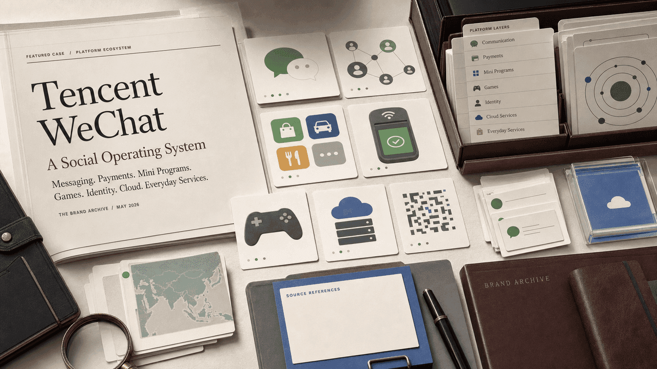 Premium editorial still-life of a Tencent WeChat social operating system case with chat cards, payment card, mini program tiles, game controller, cloud cards, identity graph, and source-reference folders