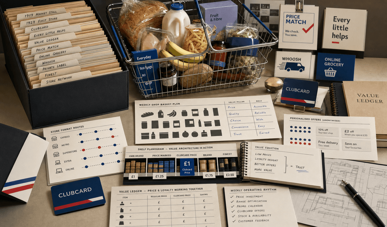 Premium editorial still-life of a Tesco grocery value system with weekly shop basket, Clubcard cards, shelf price tags, value ledger, store format routes, online grocery card, Whoosh delivery card, private label folders, and anonymized offer notes