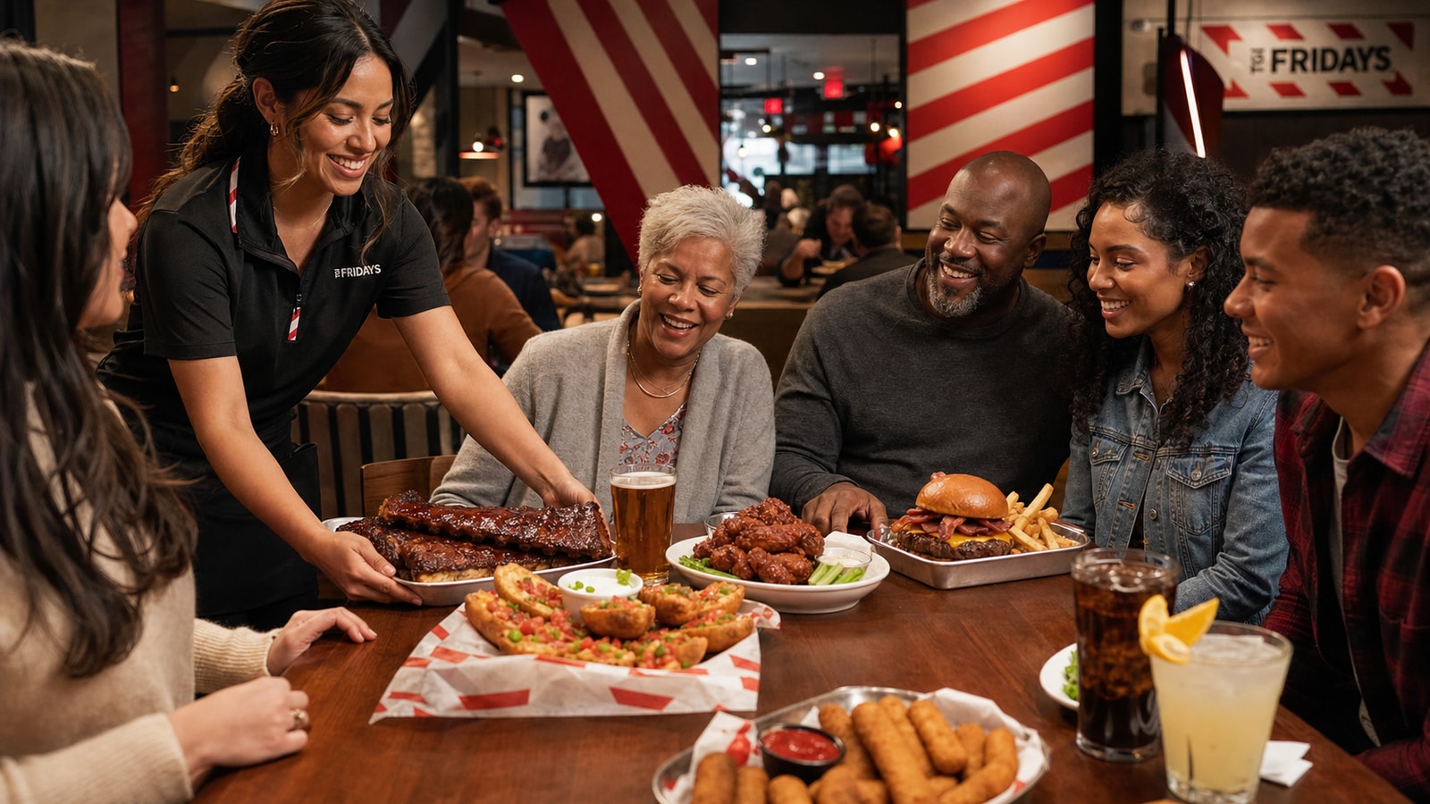 TGI Fridays server placing ribs, burger, wings, and shareable appetizers before a group.