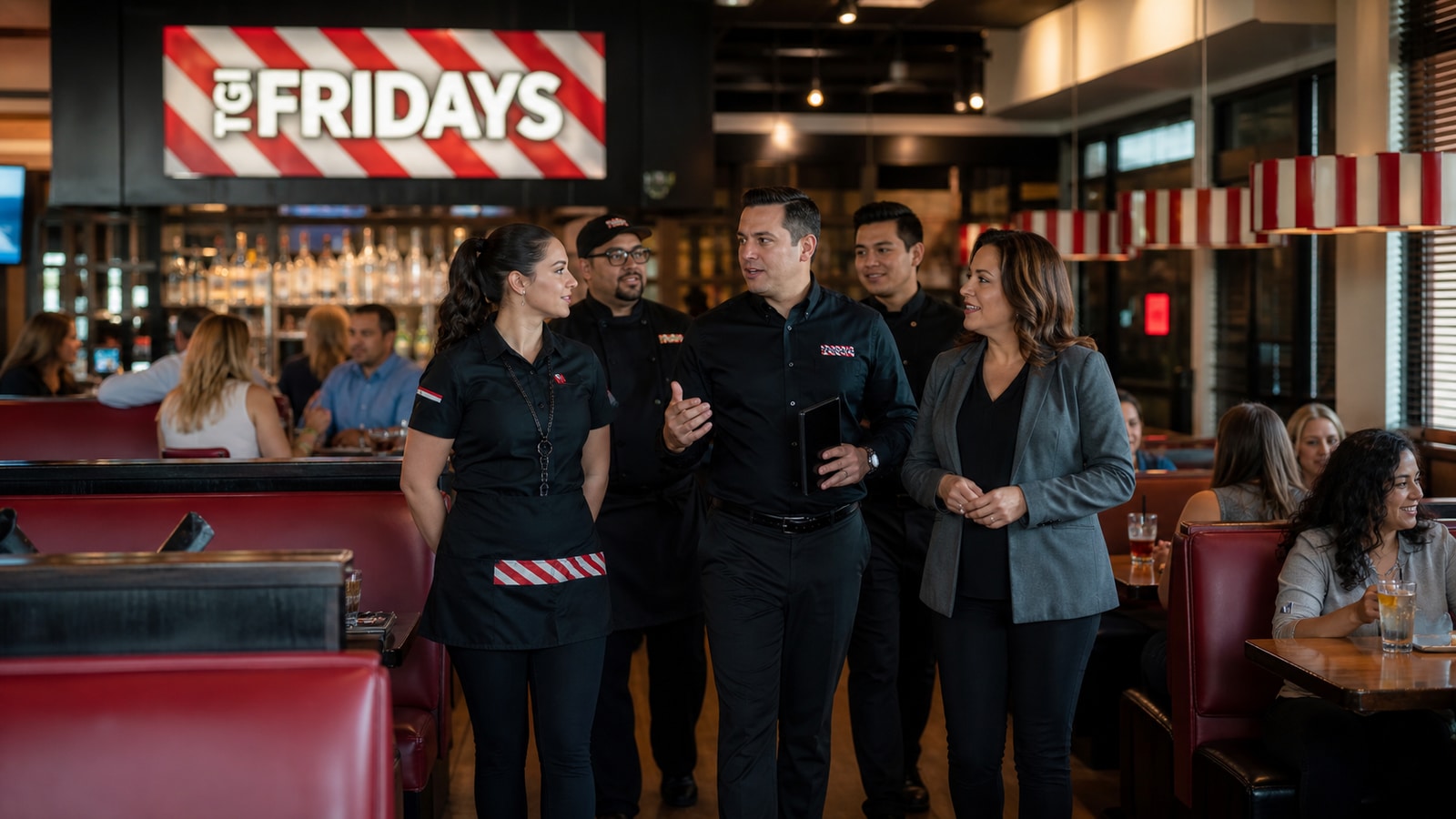 TGI Fridays franchise and restaurant team conducting a pre-service floor walk.