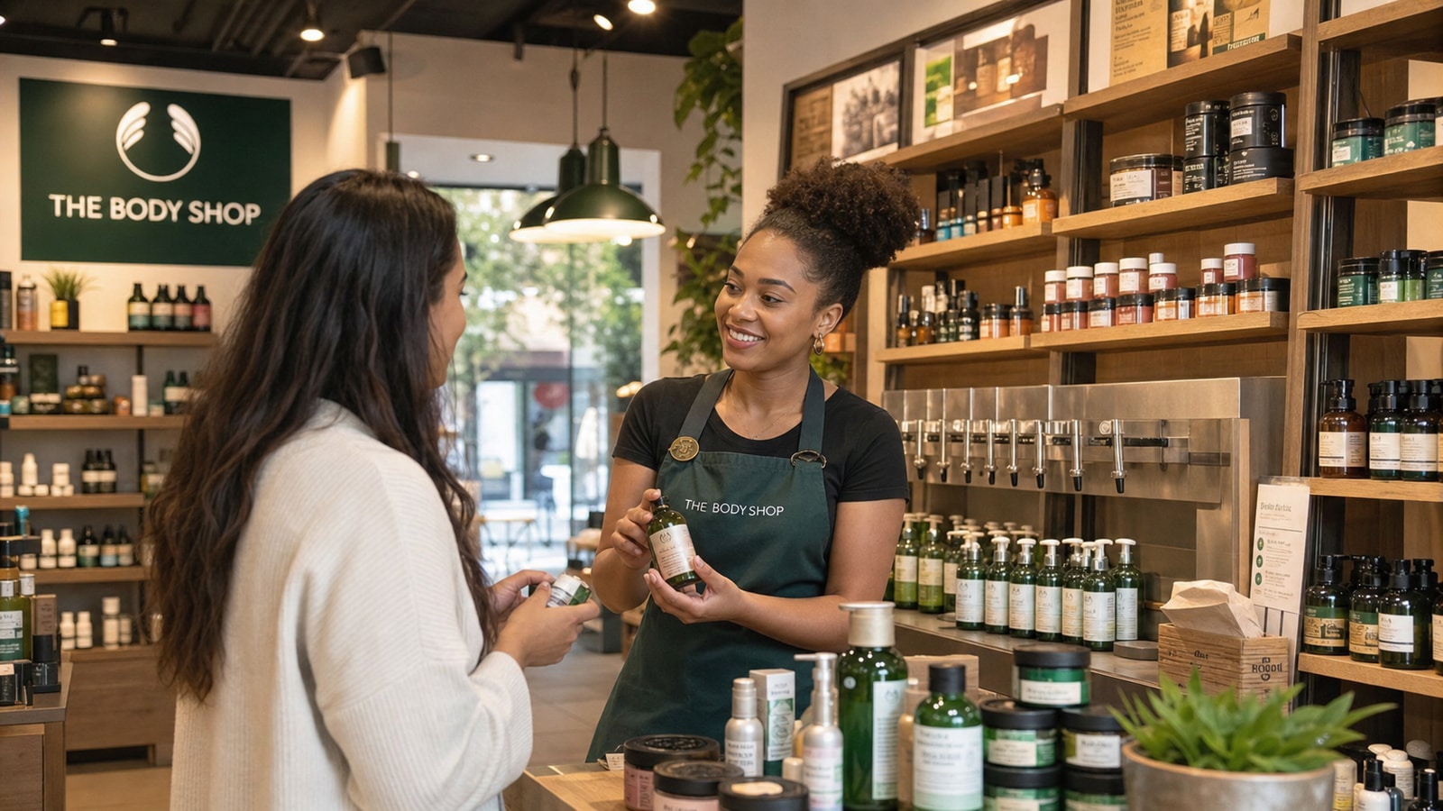 A historical pre-closure U.S. The Body Shop consultation and refill interaction with current-era pod signage.
