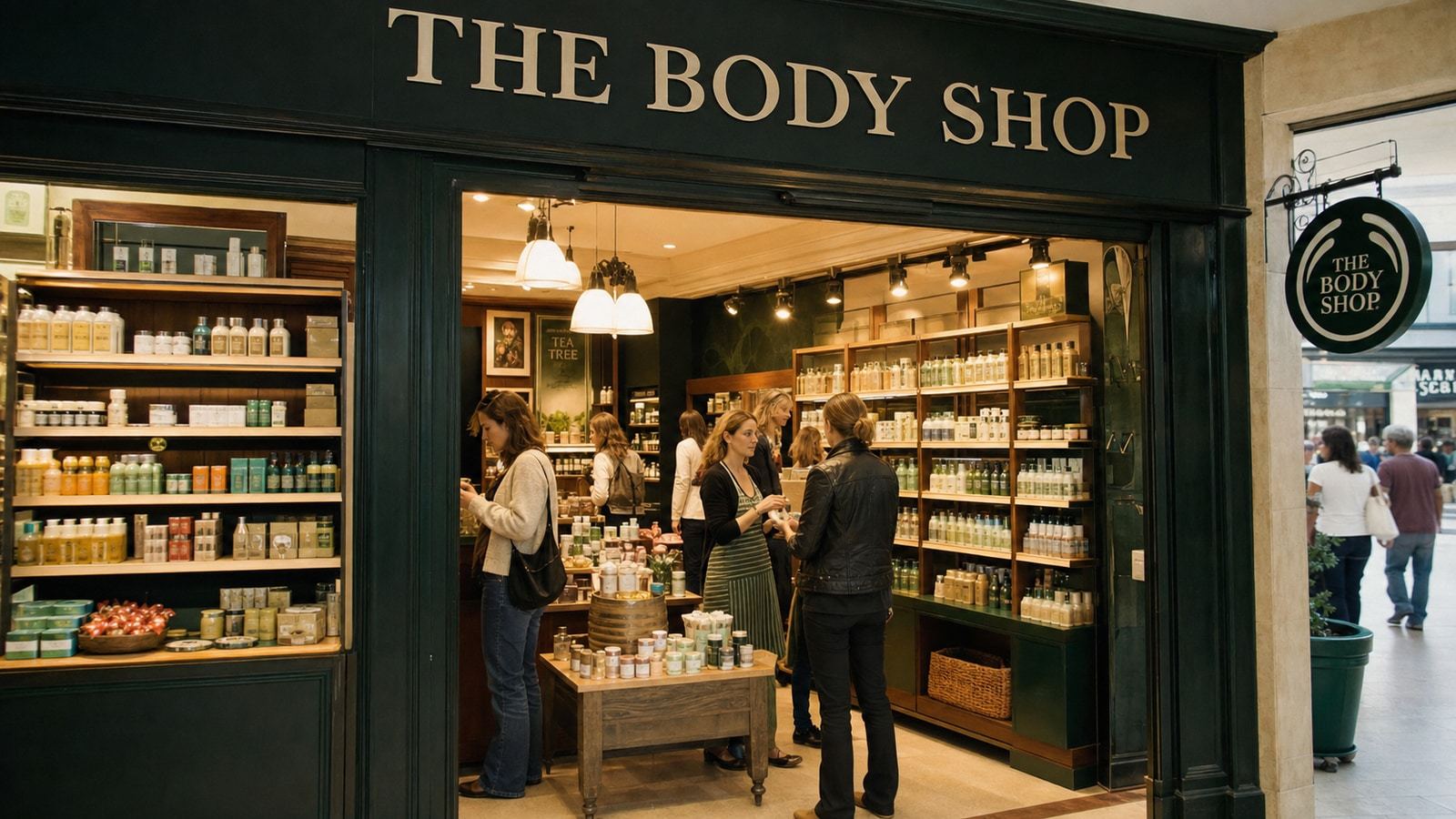 A clearly historical 1990s The Body Shop store with serif-era identity and active customer consultations.