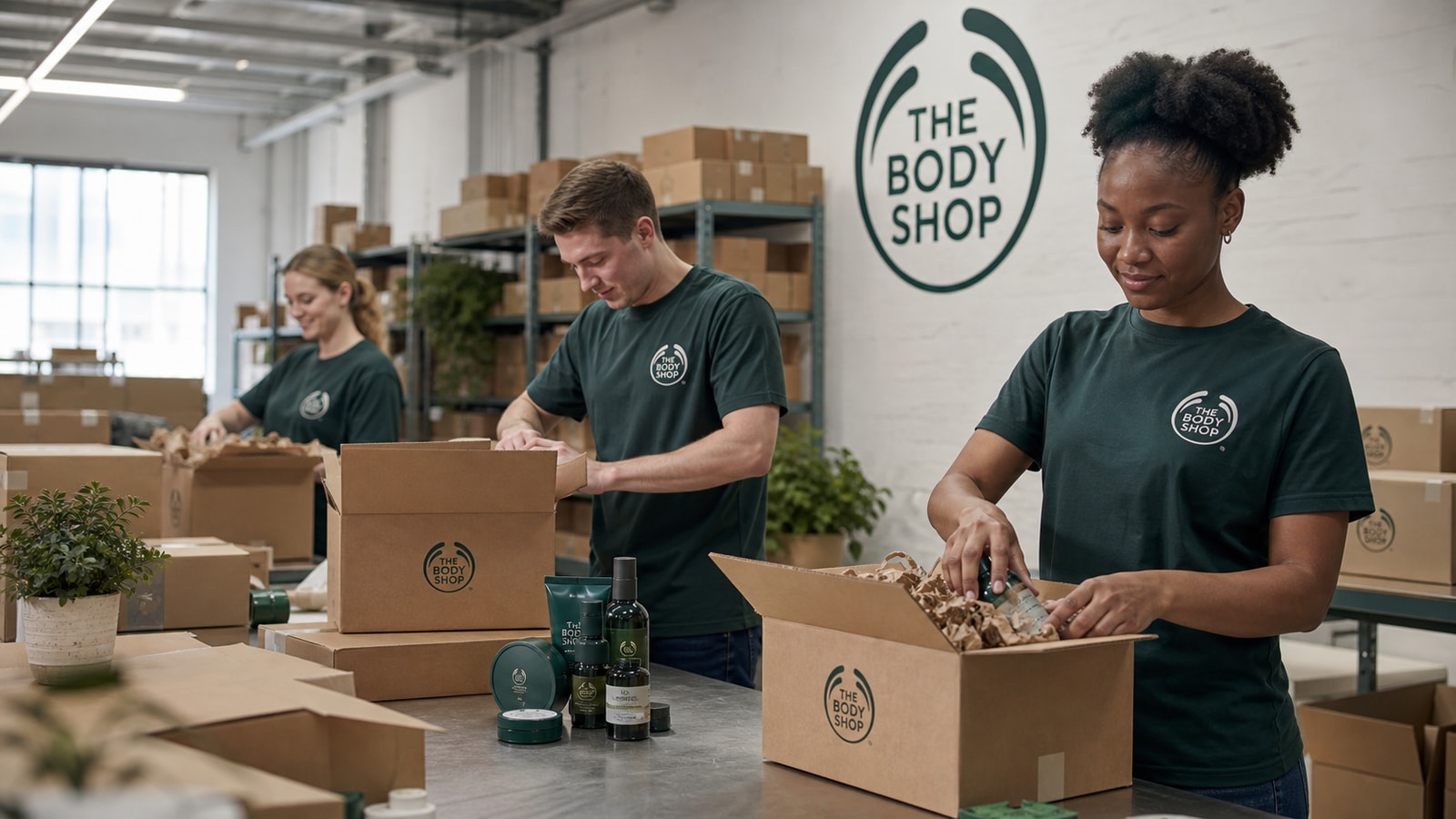 Current U.S. ecommerce fulfillment team packing The Body Shop products into kraft boxes.