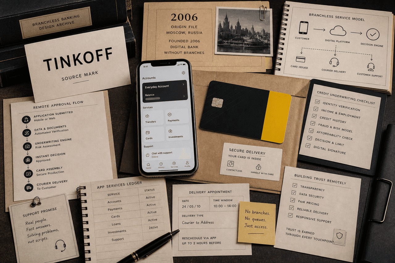 Premium editorial still-life of a Tinkoff branchless banking case with source-mark card, blank black-and-yellow bank card, blank mobile banking screen, courier envelope, 2006 origin file, remote approval flow, underwriting checklist, and delivery appointment card