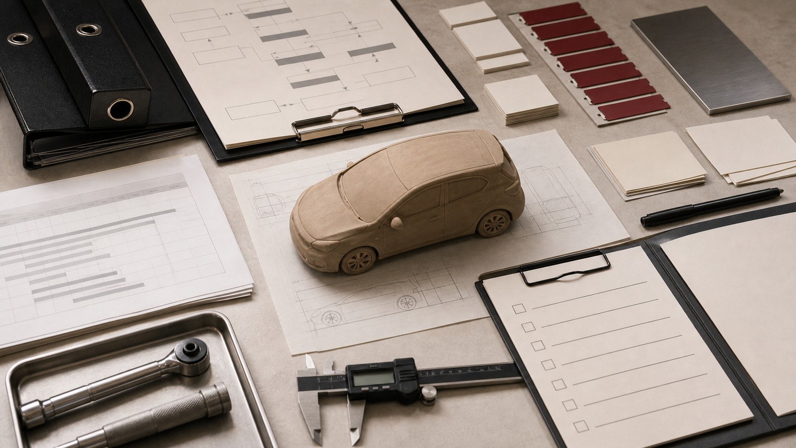 Photorealistic Toyota quality proof scene with generic vehicle model, inspection tools, process forms, red tabs, and production-planning materials.