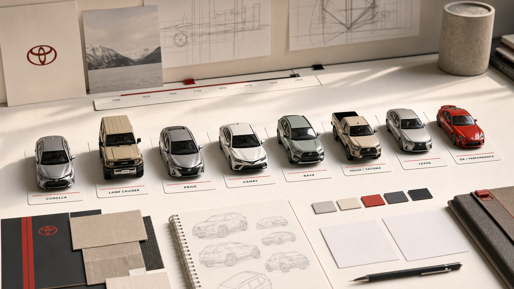 Realistic Toyota product-family evolution table with Corolla, Land Cruiser, Prius, Camry, RAV4, Hilux/Tacoma, Lexus, and GR performance vehicle-family cues.