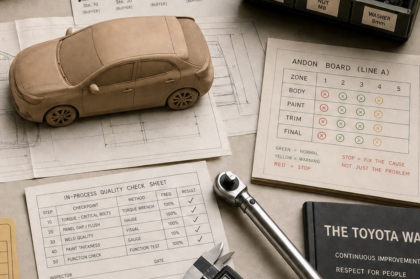 Toyota proof crop with inspection tools, quality board, Toyota Way notes, and generic vehicle service materials.